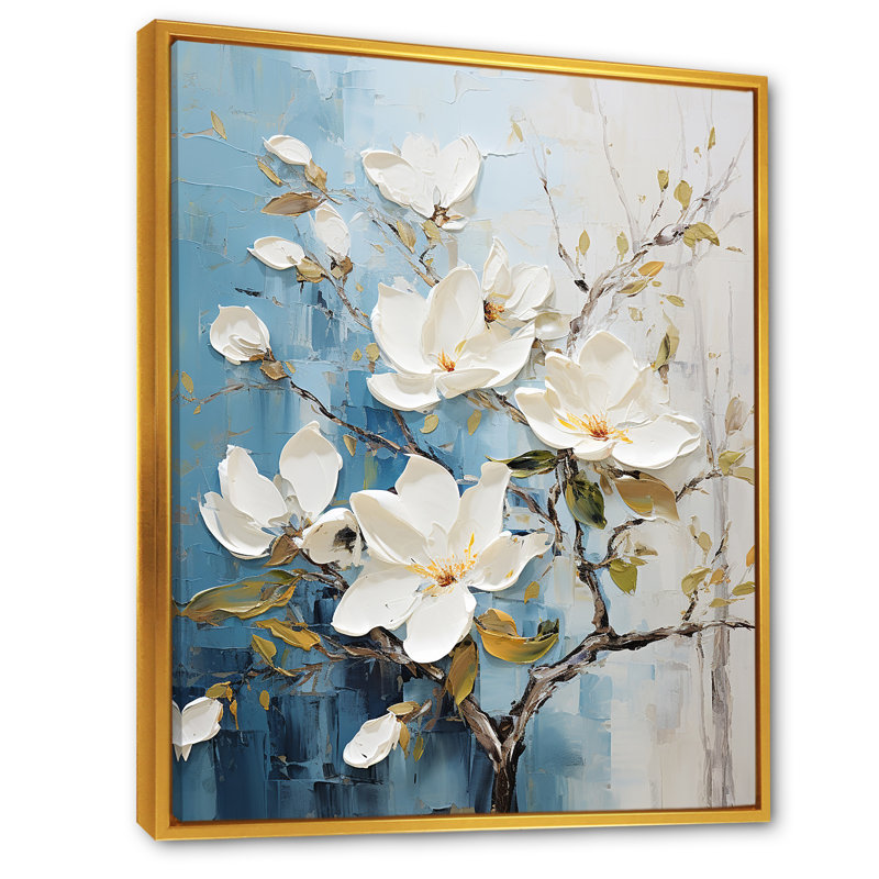 «White and Gold Magnolia Petal Serenity III» sur toile imprimée, Cadre flottant doré, 40" H x 30" W