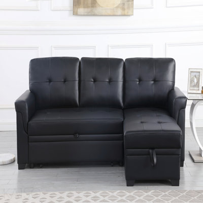 84"W Black Vegan Leather Modern Reversible Sleeper Sectional Sofa With Storage Chaise
