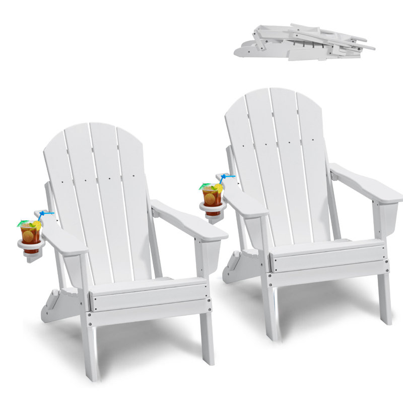 Adirondack Chair Plastic, Set Of 2 All-Weather Portable Folding Fire Pit Chair, Outdoor Adirondack Patio Chair With Cup Holder, With Relaxing Arm Rest Ergonomic, For Garden, Backyard - White