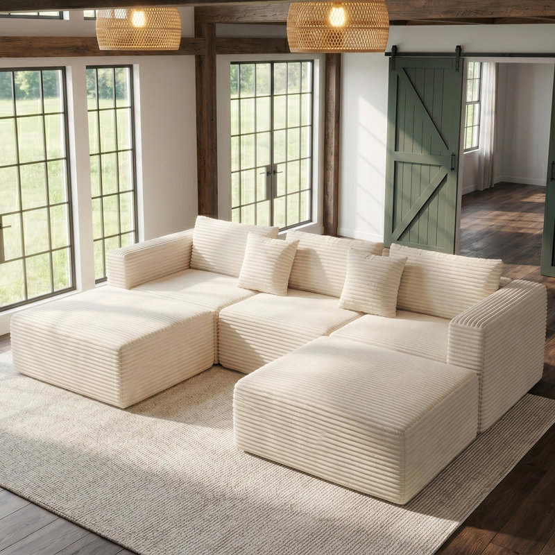 Boneless 112'' White Corduroy Cloud Modular Sectional Sofa, Deep Seat Soft Frame Design, Configurable L and U Shape, No Assembly Required with 2 Ottomans for Living Room