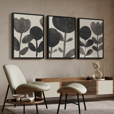 «Minimal Black Leaf Botanical Modern Nature», art mural encadré 3 pièces