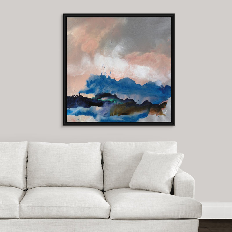 « blue etude i », peinture sur toile, H 37,7 po x l 37,7 po x P 1,75 po, Cadre flottant noir