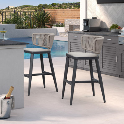 Outdoor Bar Height Stool Set Of 2 Modern Rattan Bar Chairs With Woven Rope Back