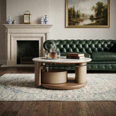 Round Rolling Coffee Table  with Storage, Wood Base