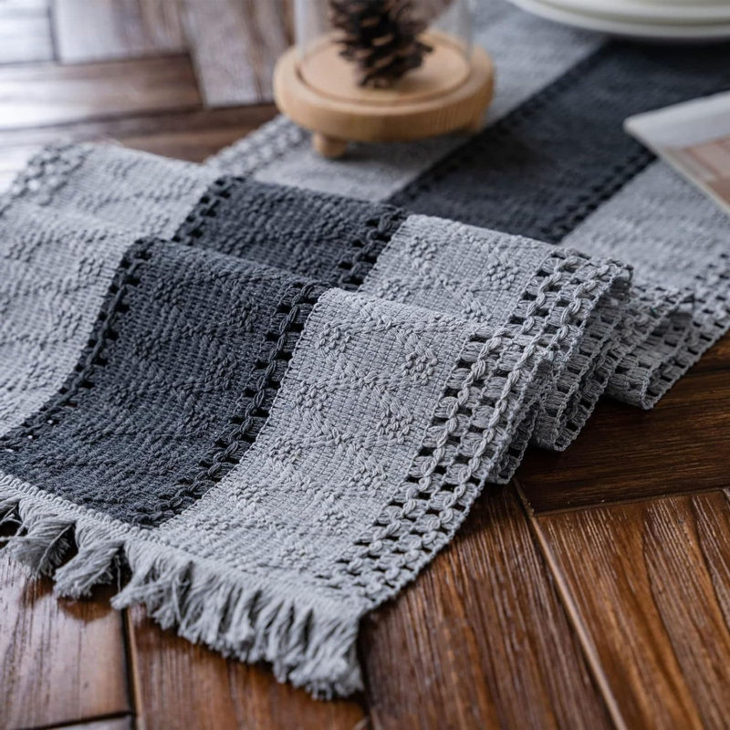 Macrame Table Runner Boho Tassels Hand Woven Cotton Rustic, Grey