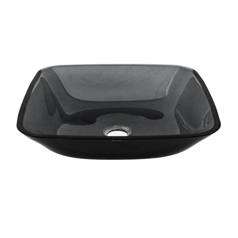 Lavabo vasque carré gris au-dessus du comptoir, verre trempé, bonde escamotable pour l'hygiène, 16 po x 16 po x 4,23 po, verre de salle de bain gris facile à installer, drainage optimisé, surface lisse
