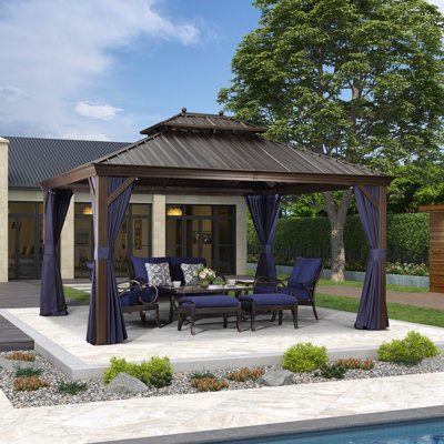 Tente de pavillon d'extérieur à toit rigide en métal 12 pi x 14 pi avec toit et abri de patio