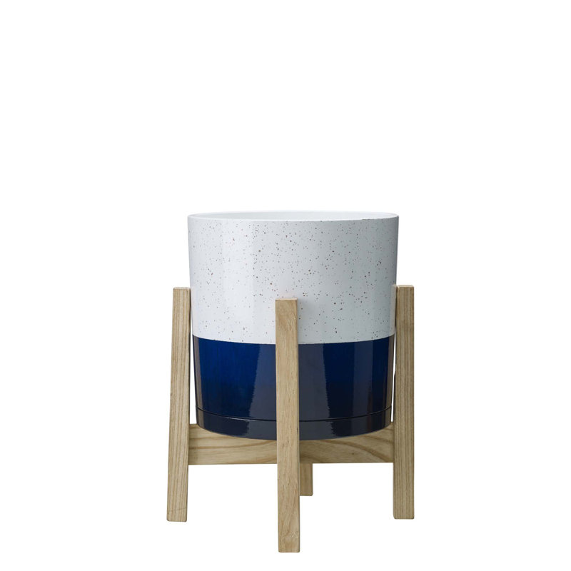 Pot à fleurs avec support en bois et soucoupe attachée Henrietta