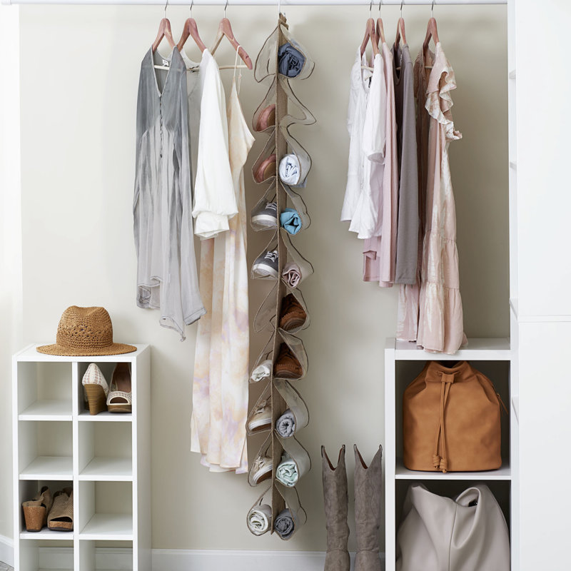 20‑Pocket Hanging Closet Shoe Organizer Vertical Storage with Clear Plastic Pockets Poly Linen Backing, Latte