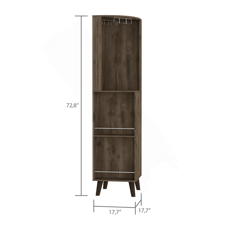 Armoire de coin Cincinatti, porte-gobelets, deux tablettes extérieures, un tiroir, quatre pieds - brun foncé