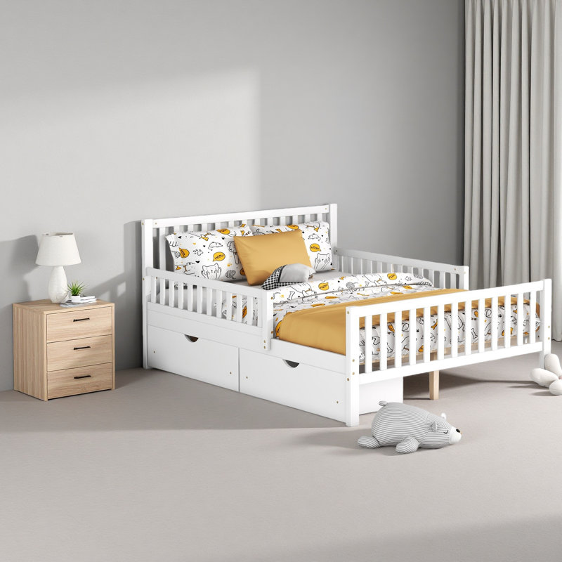 Lit plateforme double en bois avec garde-corps des deux côtés et deux tiroirs de rangement, Blanc