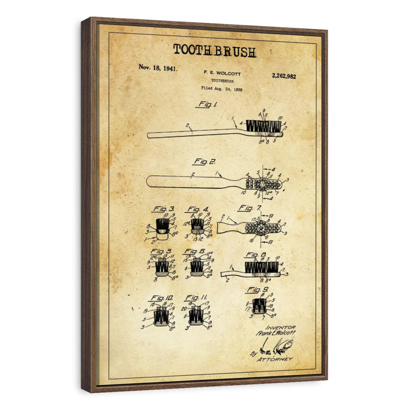 Dental Brush Patent, Floating Frame Walnut, 13" x 19"