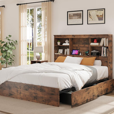 King Size Bed Frame with High Storage Bookcase Headboard, Wood Bed Frame with 4 Storage Drawers, Built in Charging Station,No Box Spring Needed, Metal Frame, Noise-Free, Vintage Brown