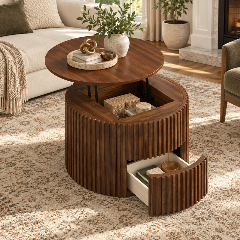 Table basse ronde à plateau relevable cannelé avec rangement caché, Brown