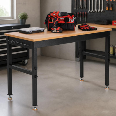 Heavy-Duty Adjustable Height Rolling Workbench, 2200 lb Capacity with Power Outlets, Hardwood Top & Steel Frame for Garage, Workshop & Warehouse