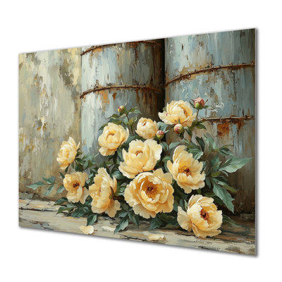 Ferme, pivoines par le grain de silo II - pivoines, impression murale sur métal