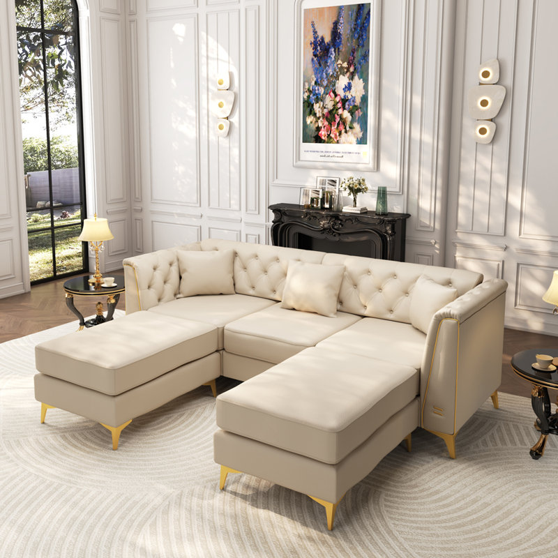 Canapé 3 places avec 2 repose-pieds et 3 coussins, Beige Faux Leather