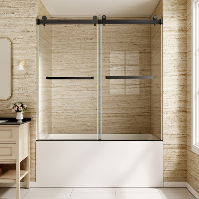 60" W x 60" H Matte Black Frameless Double Sliding Shower Door, Bathtub Door, 5/16"(8mm) Tempered Glass, Explosion-proof Film