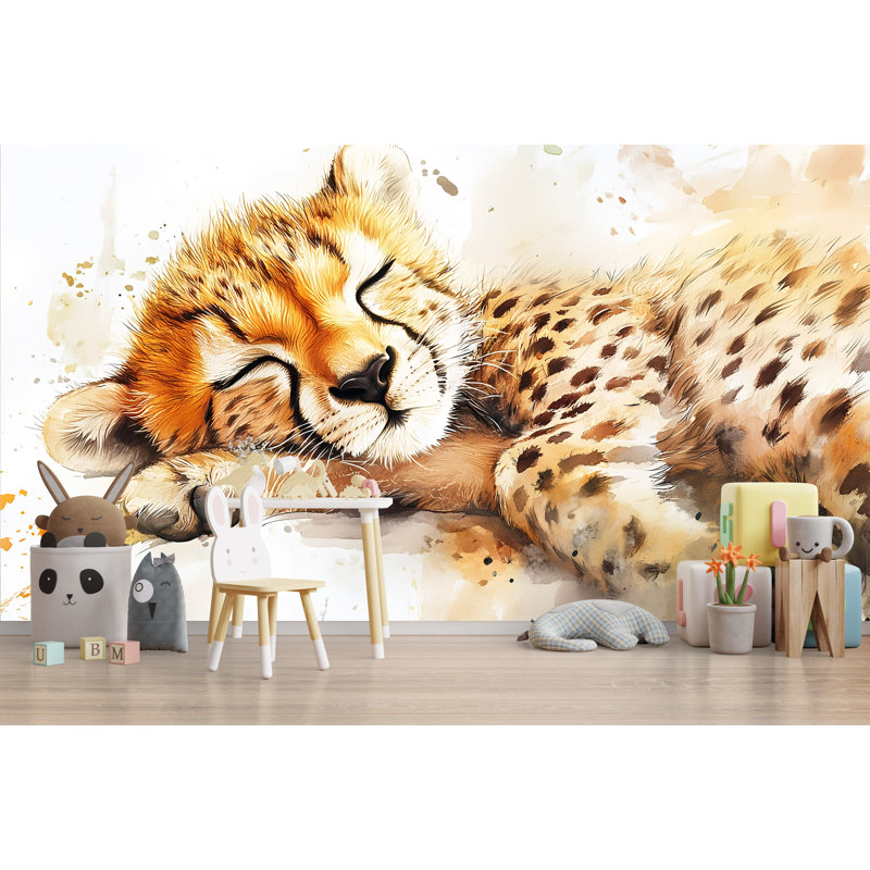 Papier peint à l'aquarelle de bébé guépard qui dort, L 75 po x l 50 po, Premium Non-Woven