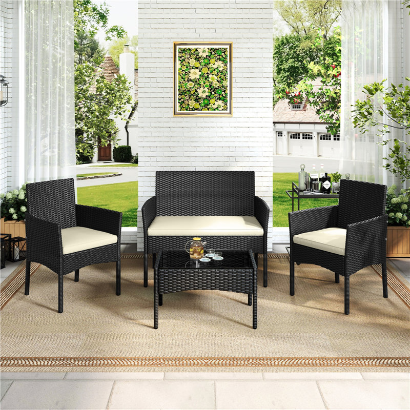 Colour Outdoor All Weather Wicker 4 - Person Seating Group with Cushions, Beige, Black