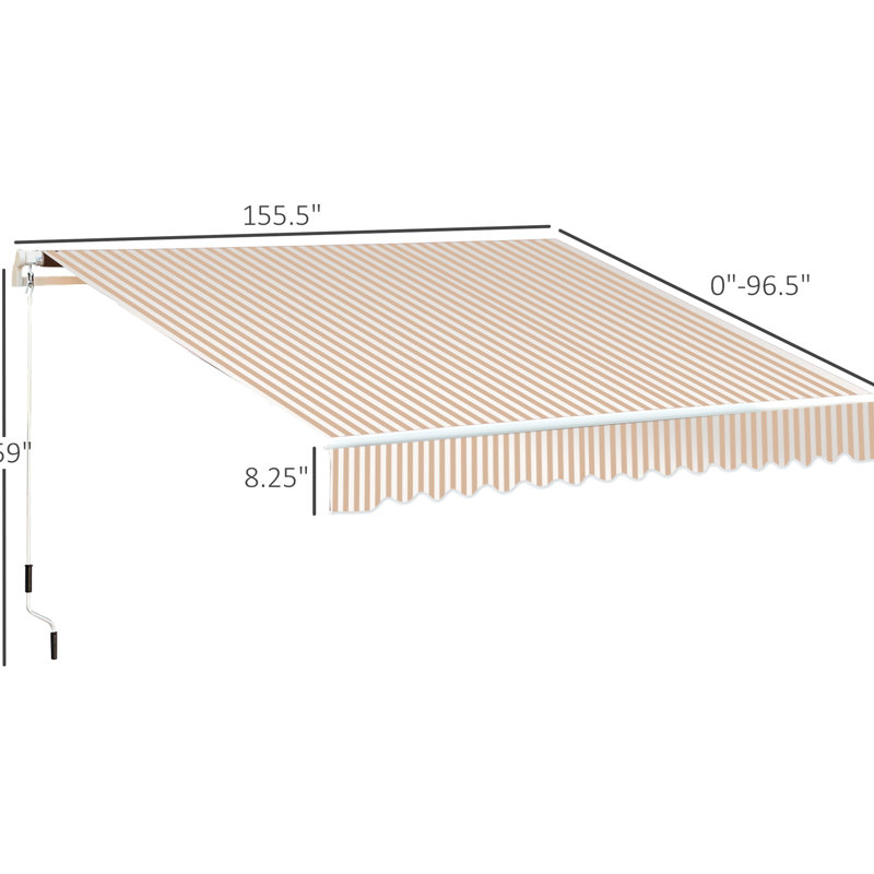 Auvent de terrasse rétractable 13 po x 8 pi et abri soleil, manivelle manuelle, cadre en aluminium pour balcon de terrasse, auvents à rayures beiges - protégés, eau, cadre, terrasse pare-soleil, cour, rayures