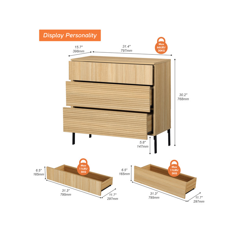 Commode à 3 tiroirs Union Rustic Modern, Chêne