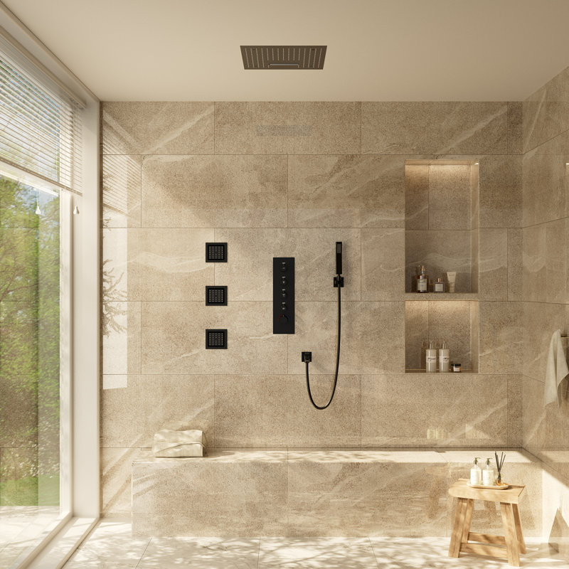 Système de douche thermostatique complet 16 "à 4 fonctions avec DEL et musique Bluetooth, Noir mat