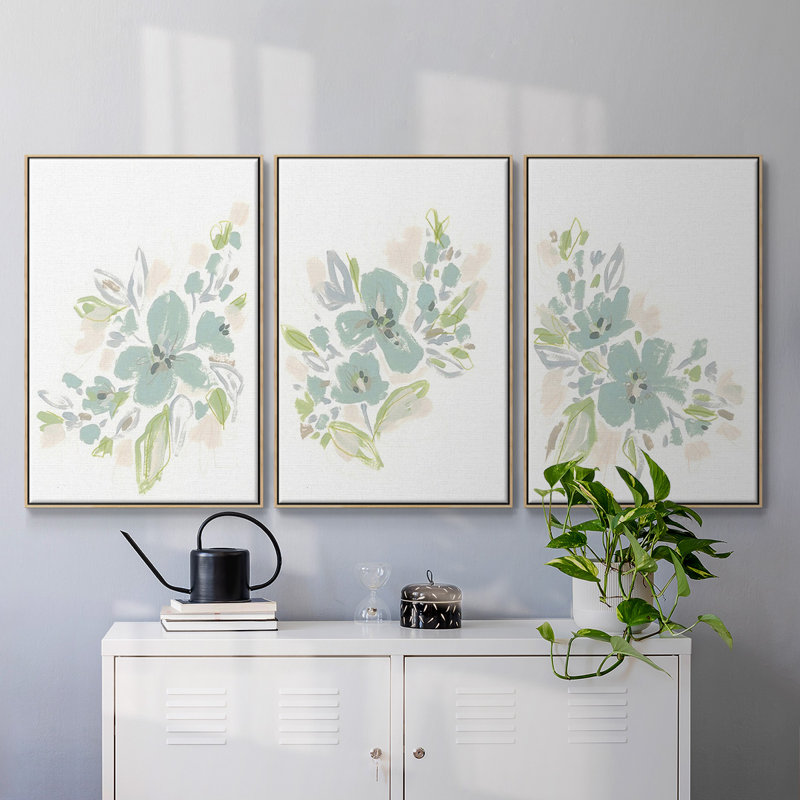 «Seafoam Petals I», reproduction sur toile 3 pièces, H 24 po x l 48 po x P 2 po, Naturel