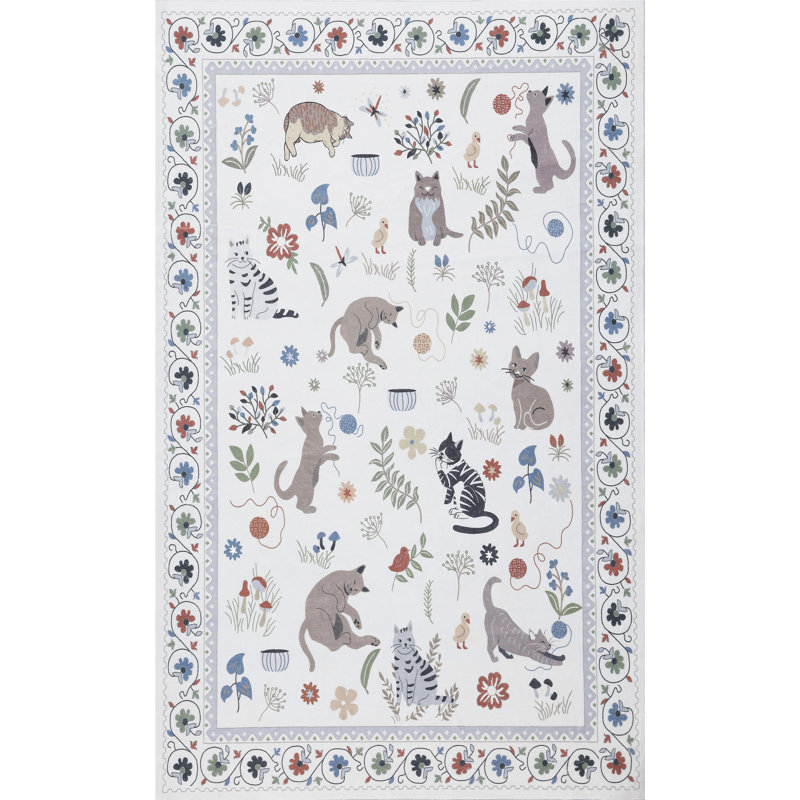 Tapis antidérapant à bordure florale Catmosphere, Ivory, Rectangle 4 pi x 6 pi