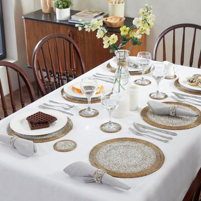 Glass Beaded Round Placemats, Coasters Napkin Rings Set of 18 Table Place Mats 32 cm (Gold and White)