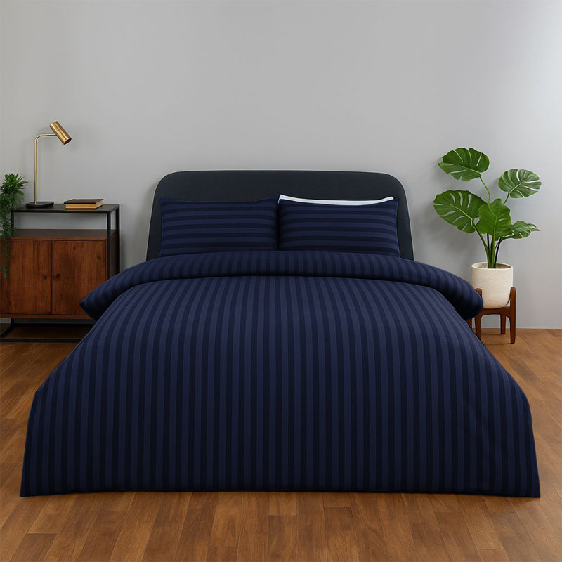 Classic Stripe Microfiber Duvet Set, 4-Piece With Fitted Sheet & Pillowcases, Navy Striped