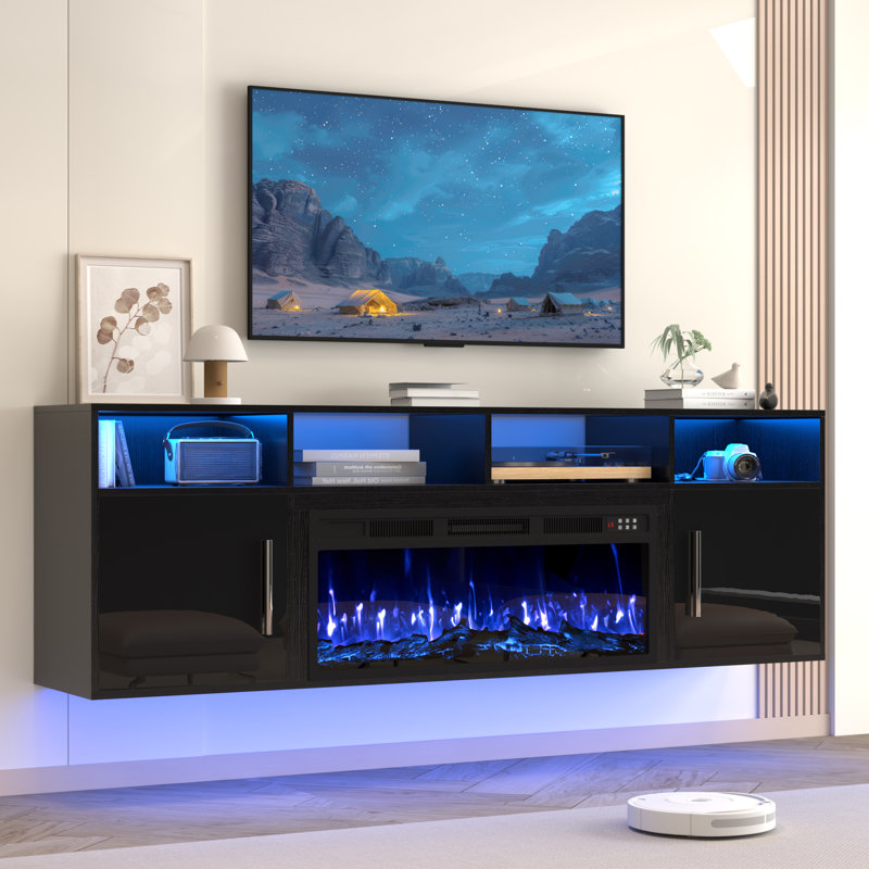 Alazik Floating TV Stand with 36" Electric Fireplace, Black/Black