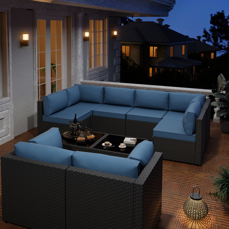 8-Person Outdoor Seating Group with Cushions, Navy, Black