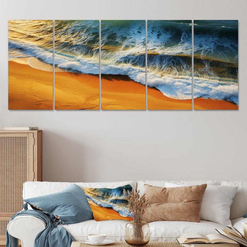 «Blue and Orange Beach Aérienne vue IV - Plage côtière», ensemble de 5 pièces d'art mural, H 28 po x l 60 po