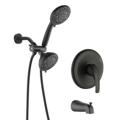 Douche noire matte avec double haut. 7 motifs de jet pour le plaisir. Toute la structure métallique. Débit de 1,8 gallons par minute. Boyau 59 po. Raccord 1/2 po. Système de bec de baignoire mural - expérience 2 en 1. Fabrication.