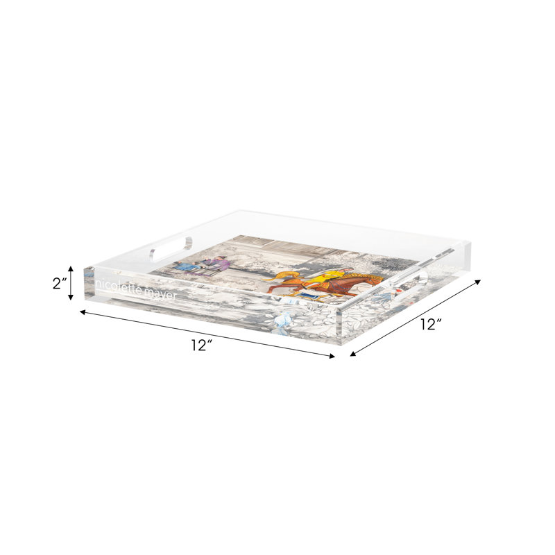 India Horse and Lady Acrylic Square Decorative Tray, 12"W x 12"D x 2"H