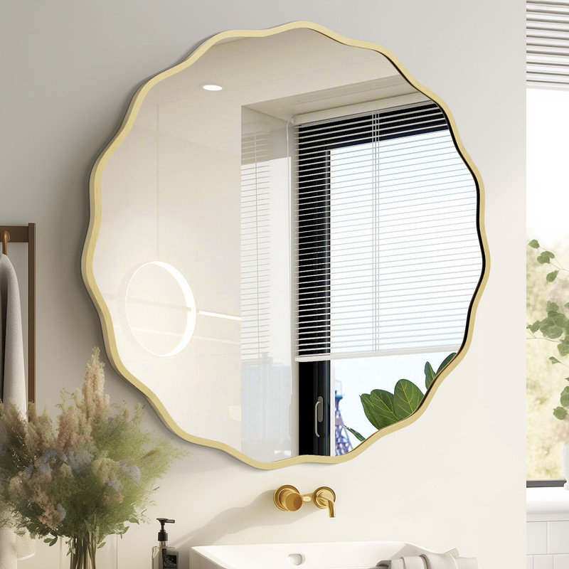 Elegant Gold Aluminum Round Wave Mirror, 32-inch
