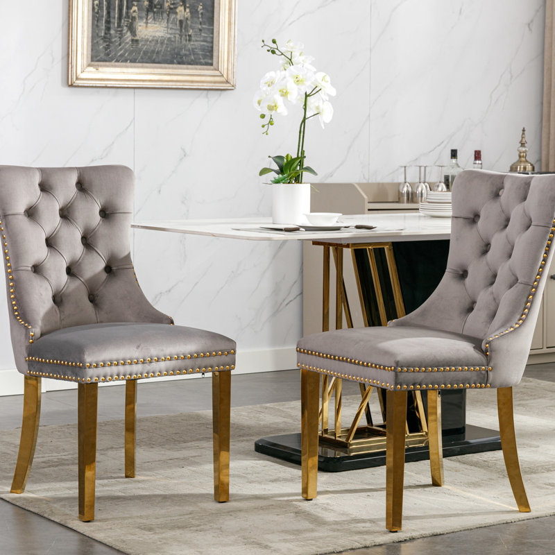 High Upholstered Dining Chair In Gray Velvet, 2 Chairs, With Golden Stainless Steel Plating Legs And Stunning Nailhead Trim Appearance, Sw1601gy Velvet Of 2, Gray, Appealing Trim,