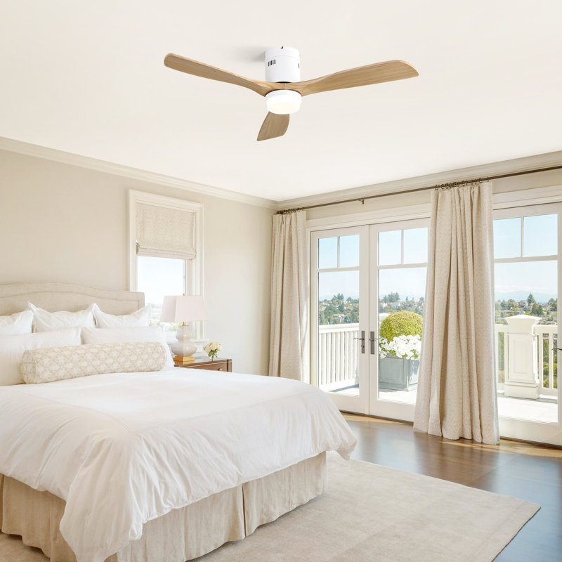 52"Smart Flush Mount 3-Blade Solid Wood Ceiling Fan With Light and Remote/App/Voice Control（White&Beige）