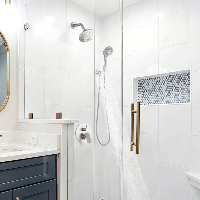 Wall Mounted Solid Brass Complete Shower System,5 Functions Shower Kit With Rough-In Valve, Silver