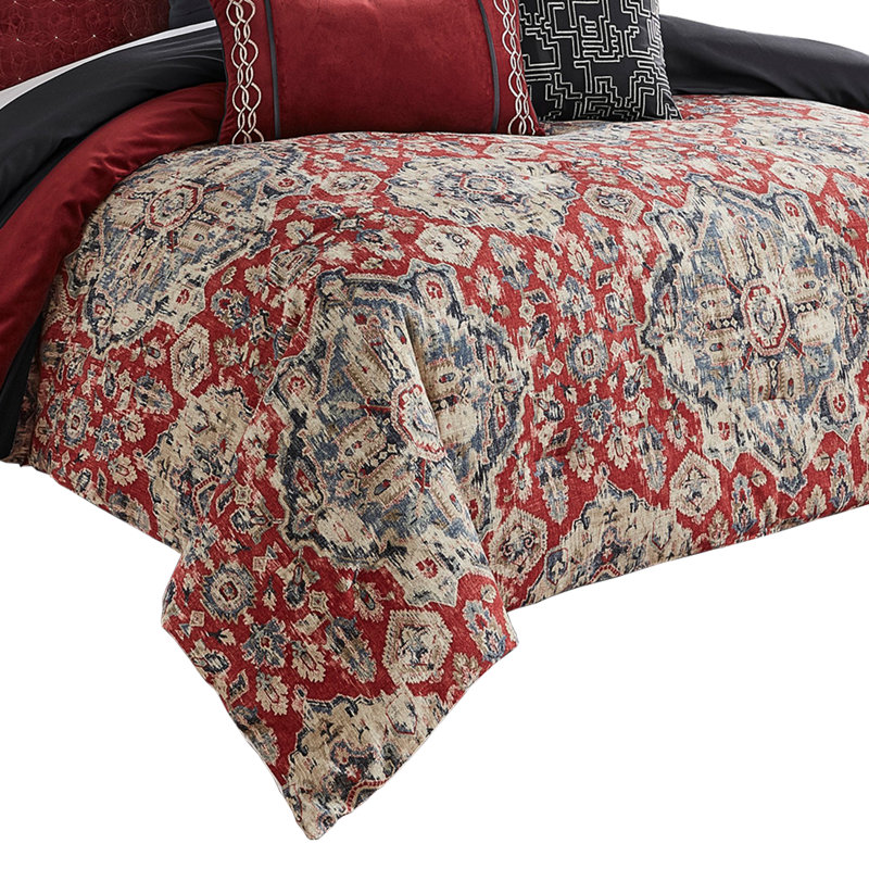  Red/Gray Microfiber Comforter Set, King Comforter + 9 Additional Pieces