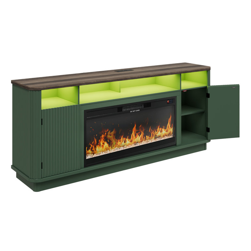 70" Fluted TV Stand For Tvs Up To 80" With Electric Fireplace, Entertainment Center with LED Light & Power Outlet, Vintage Double Door Fireplace Cabinet For Living Room, Bedroom