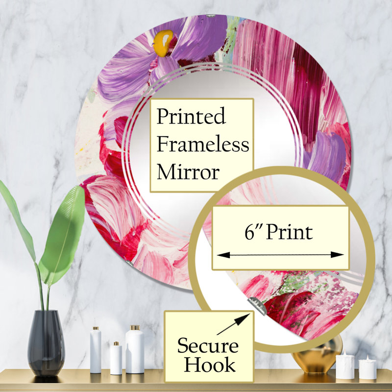 Fleurs abstraites rouges et mauves - Miroir mural moderne rond, 32 po x 32 po