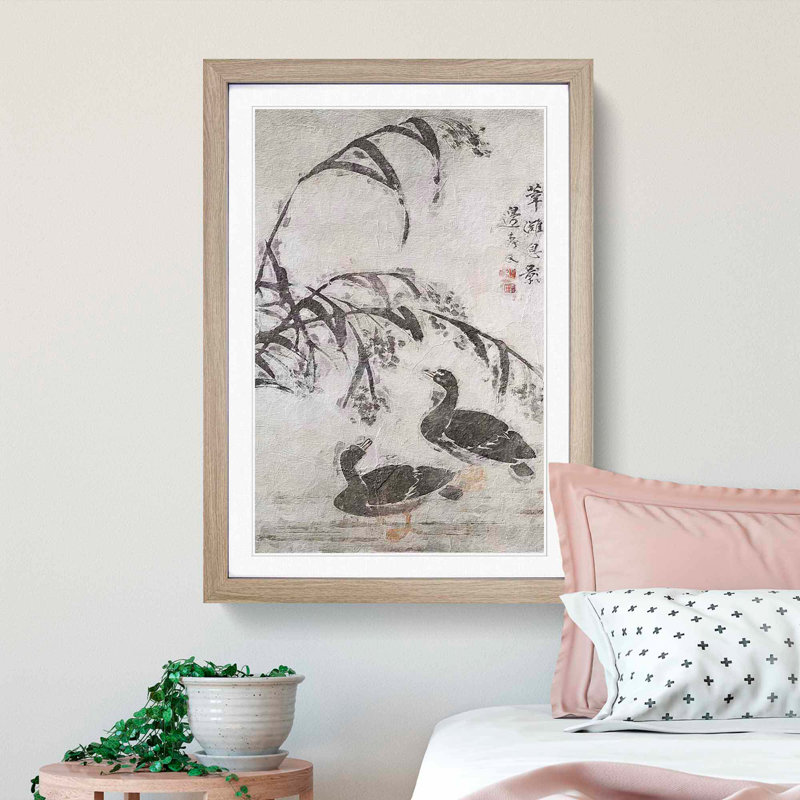 Two Wild Geese by Bian Shoumin - Picture Frame Painting Print, 65cm H x 48cm W x 2cm D, Oak Framed