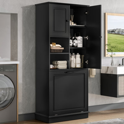Tall Storage Cabinet With Adjustable Shelves, Large Flip-Out Basket & Enclosed Cabinets – Perfect For Bathroom, Living Room, Or Office, MDF Material With Aluminum Alloy Handles