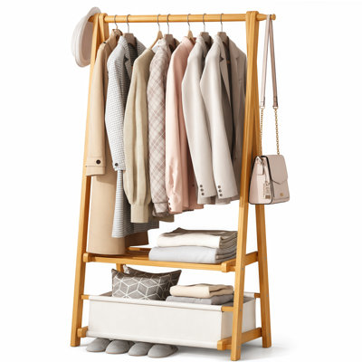 Foldable Bamboo Clothing Rack with Storage Shelves and Bag – Freestanding Garment Organizer for Bedroom or Entryway