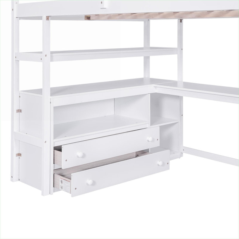 Lit mezzanine pleine grandeur pour petite chambre en pin massif blanc avec bureau intégré et rangement intégré, Full, White