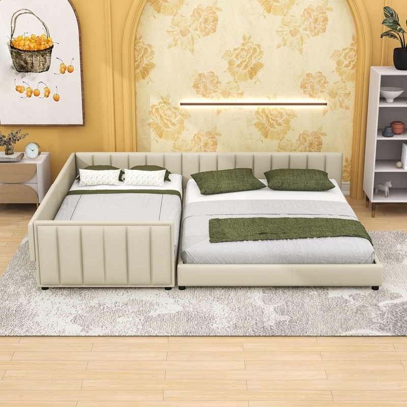 Ensemble de lit simple TG et grand lit avec rails de sécurité rembourrés, Beige