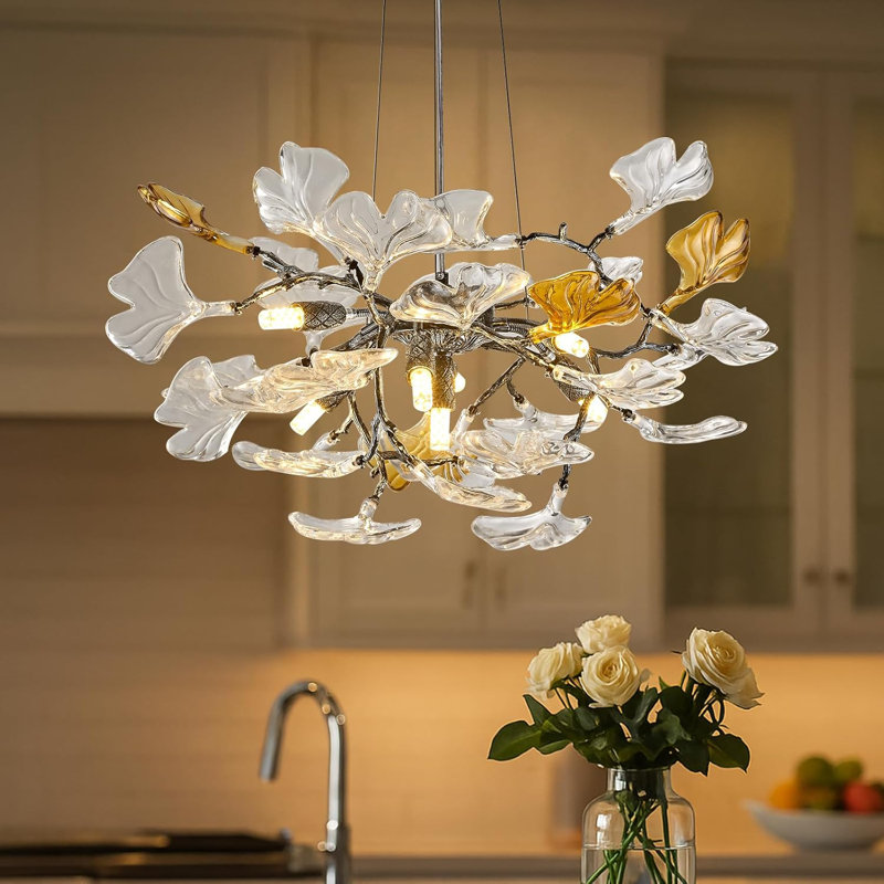 Ginkgo Leaf Tree Branch Chandelier for Dining Room, 7 Lights, 15.75" H X 21.65" W X 21.65" D