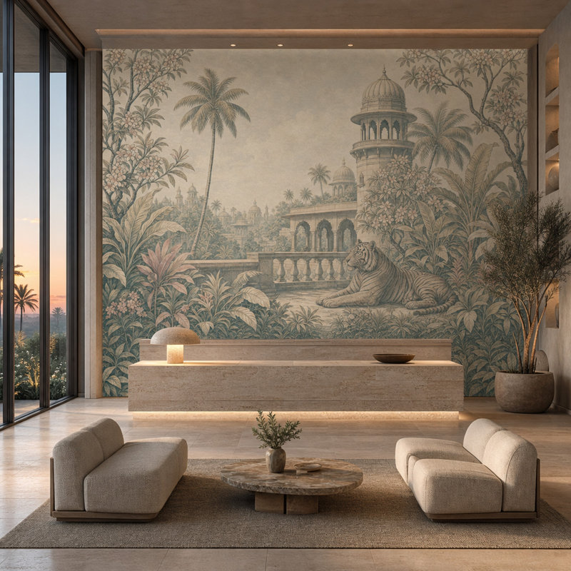 Papier peint mural rétro Vintage Tropical Garden Mughal Palace Pavilion, 140 po x 108 po, Peler et coller